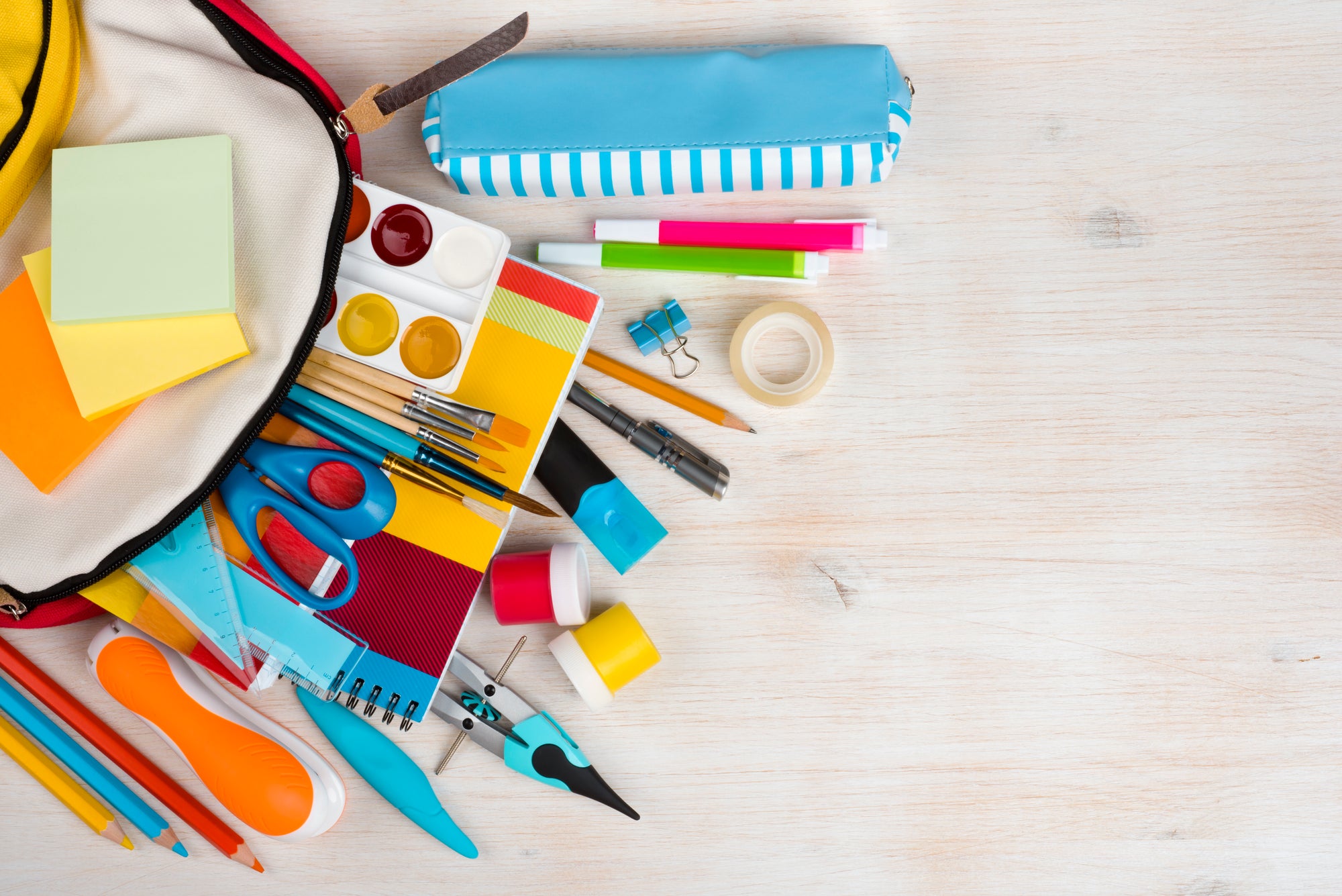 open school bag filled with colorful school supplies