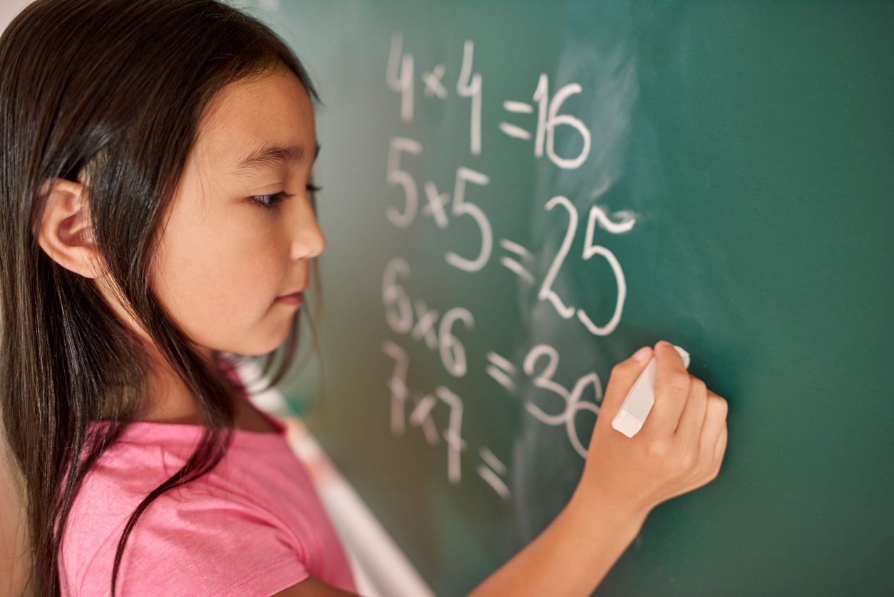 Student writing multiplication problems on a chalkboard